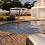 Poolområde designat av trädgårdsdesigner Flora Trädgård