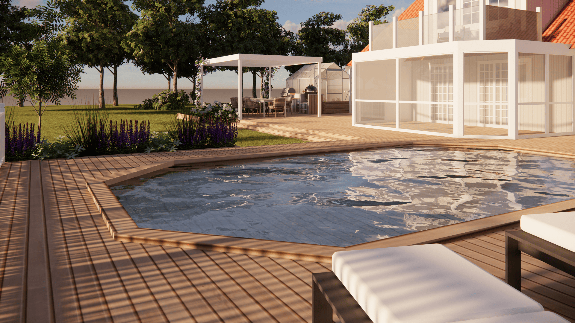 Poolområde designat av trädgårdsdesigner Flora Trädgård