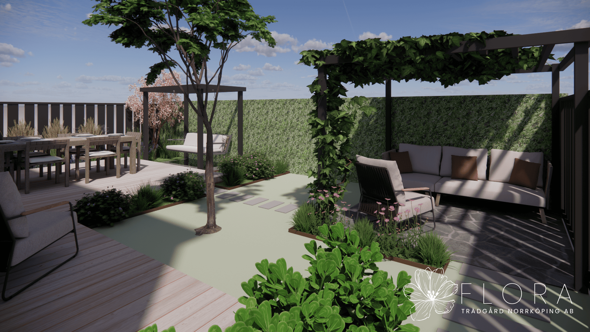 Radhusträdgård designad av trädgårdsarkitekt Flora trädgård