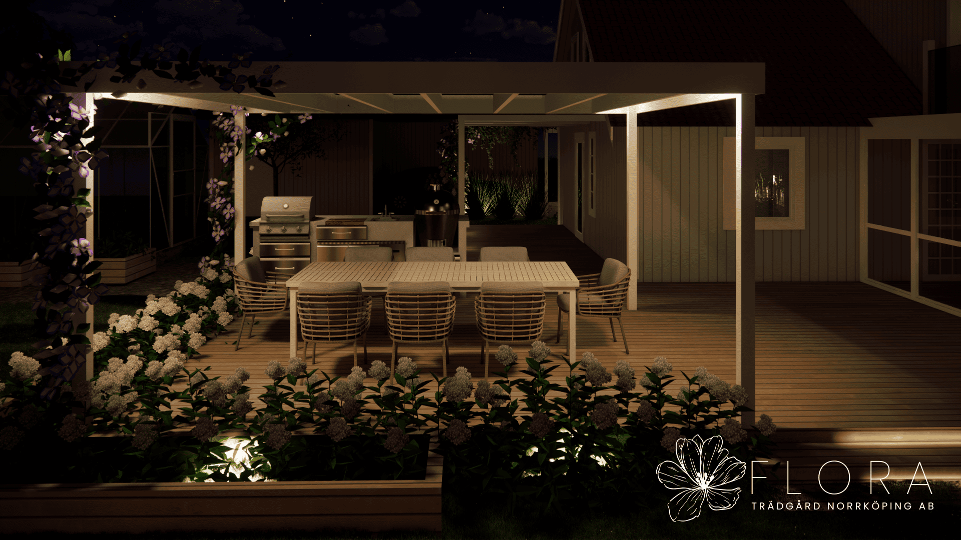 Pergola belysningsdesign av trädgårdsdesigner Flora Trädgård