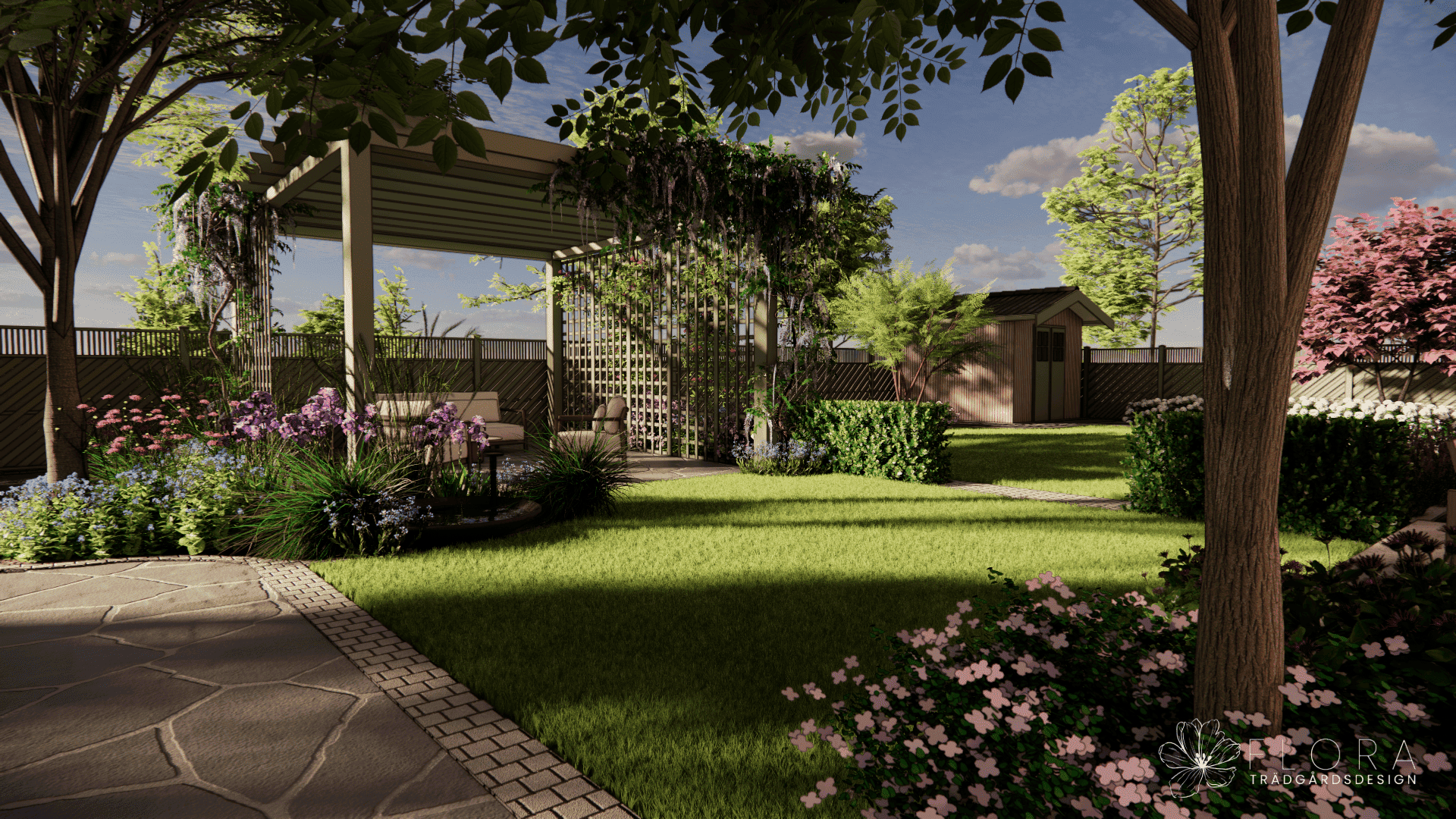 3d-visualisering av en trädgård med gräsmatta, blomstrande rabatter och en pergola.