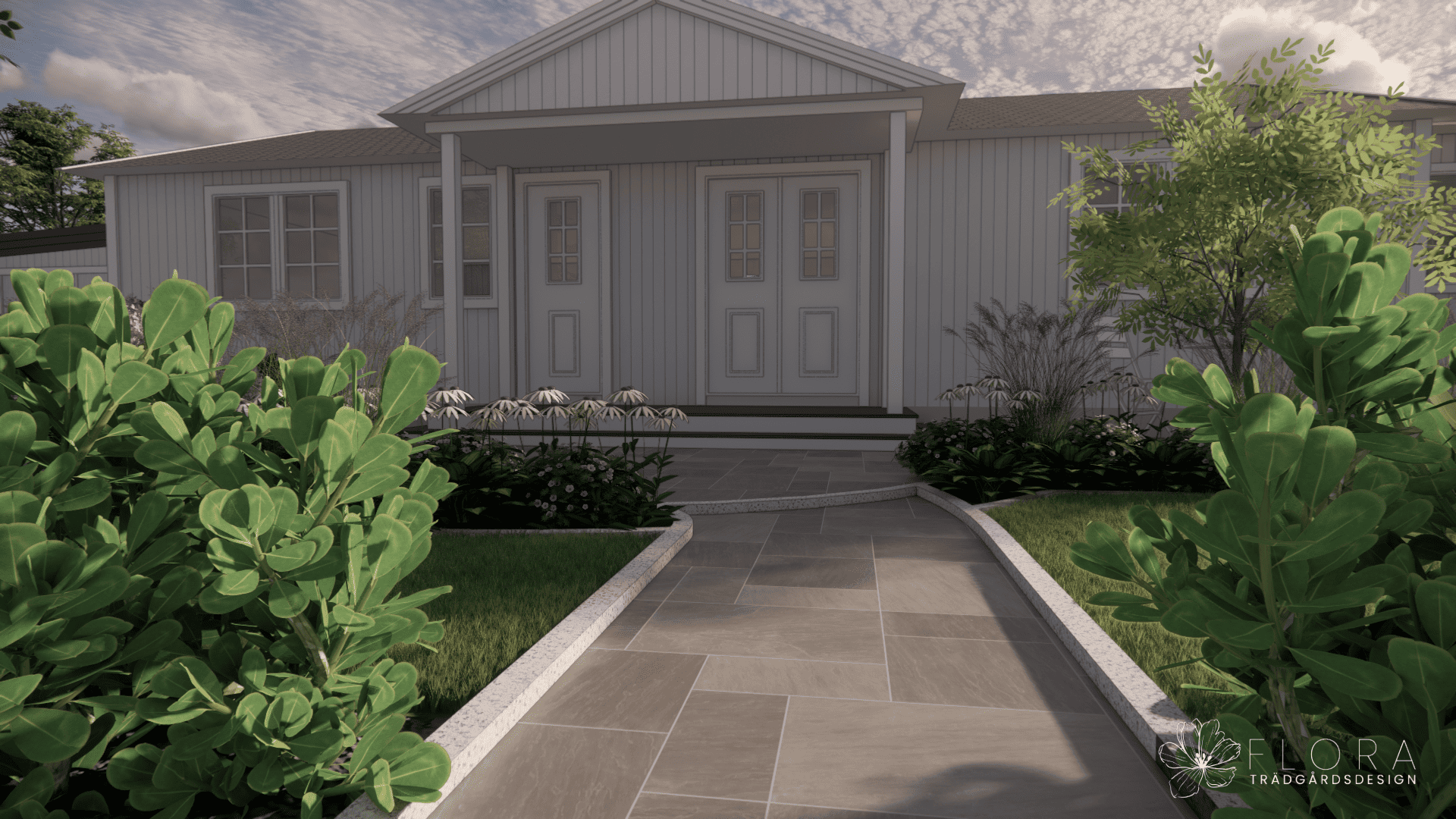 3d-visualisering av stenlagd entré samt gröna planteringar framför ett vitt hus,