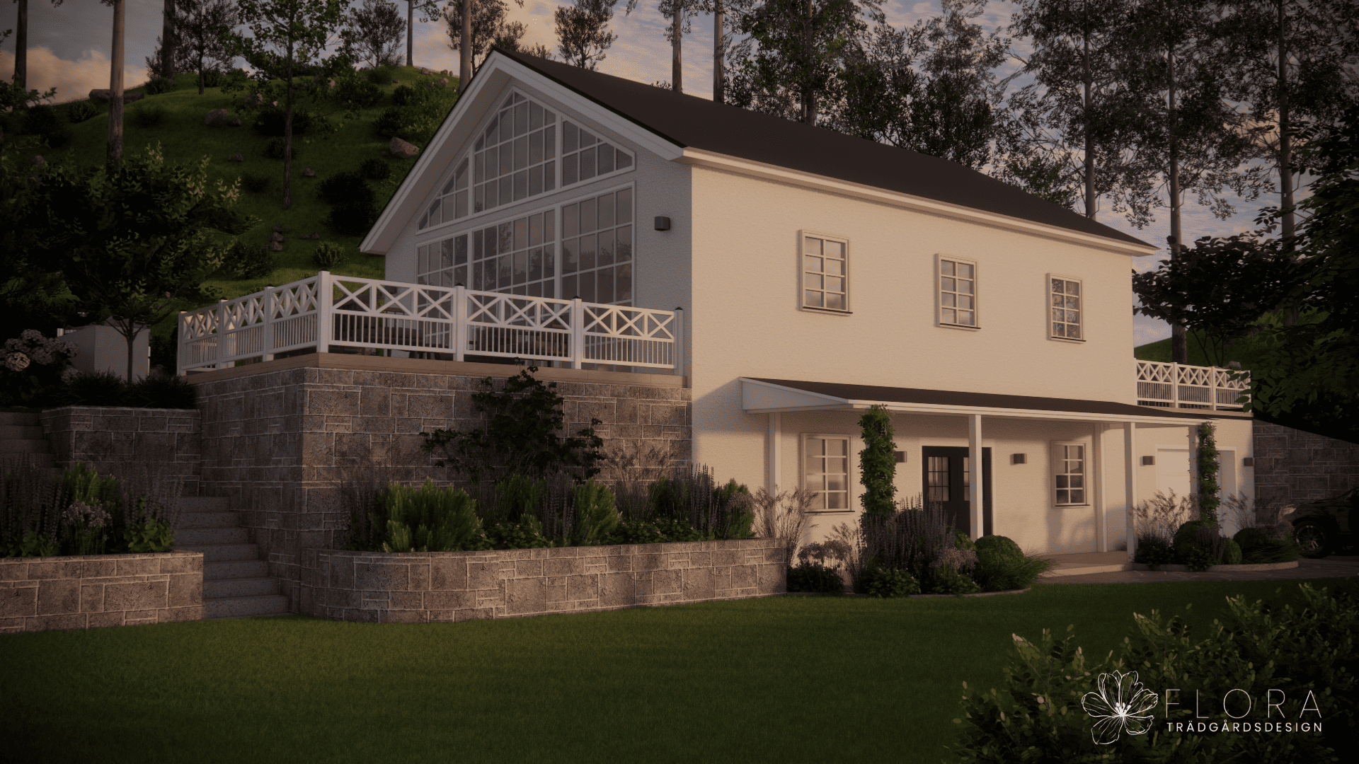 3d-visualisering av stort vitt hus med trädgård i etapper, stenmur och stentrappa.